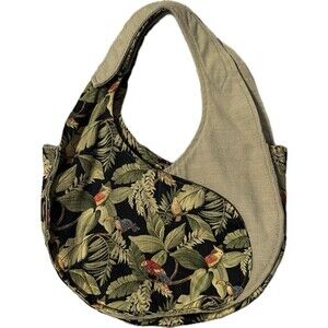 Tropical Bird Print Hobo Bag Canvas Slouch Shoulder Bag Parrot Jungle EUC Purse